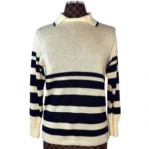 Vintage Vivanti Sweater Cream Navy Striped Knit Collared Nautical Preppy Buttons